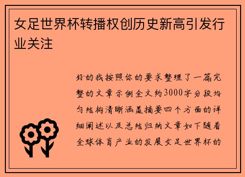 女足世界杯转播权创历史新高引发行业关注